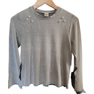 Womens S Soft Girl Black & White Striped Long Sleeve Top with Pearl Accents